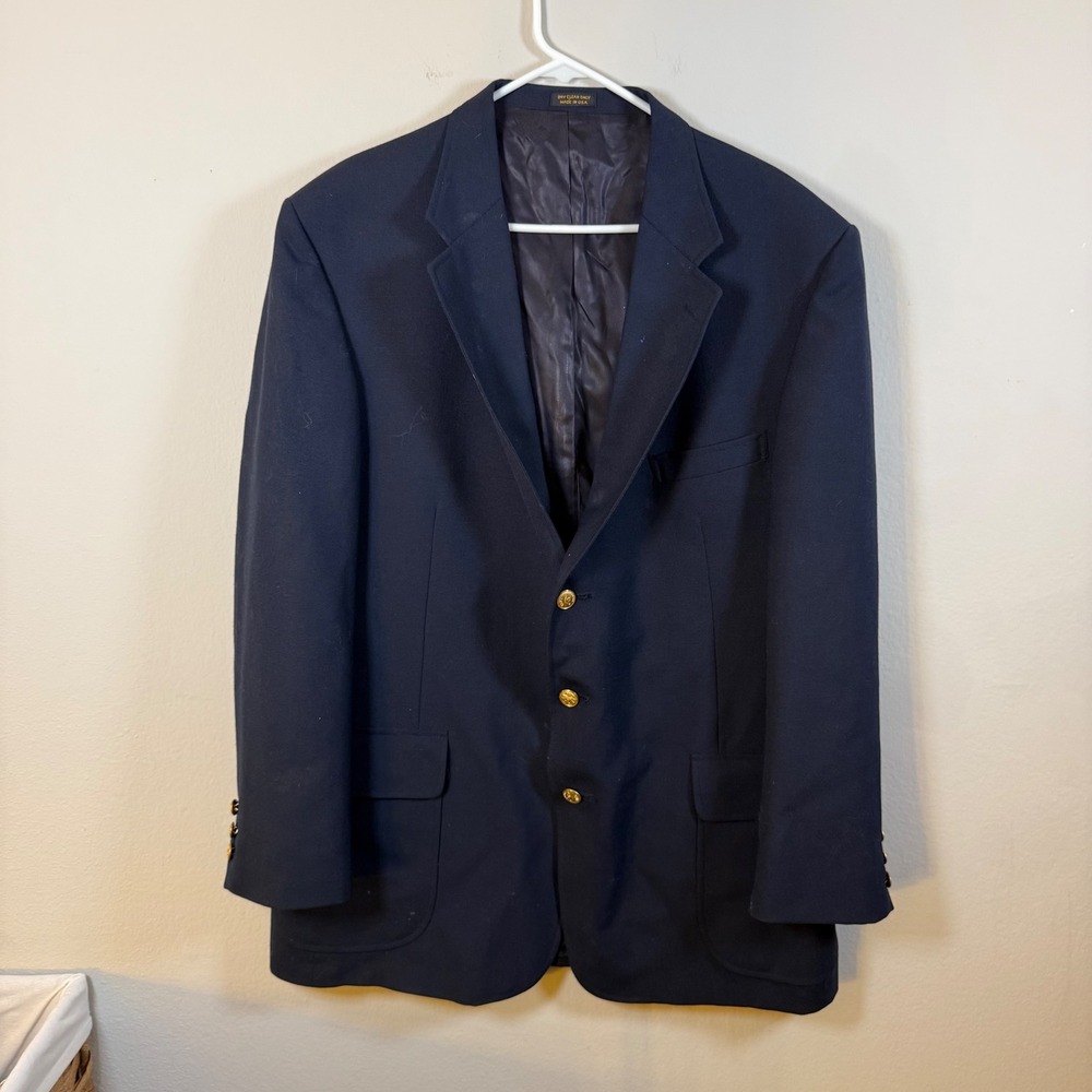 Orvis Mens Navy Blue 3 Button Blazer Gold Crest Buttons Made in USA 46L